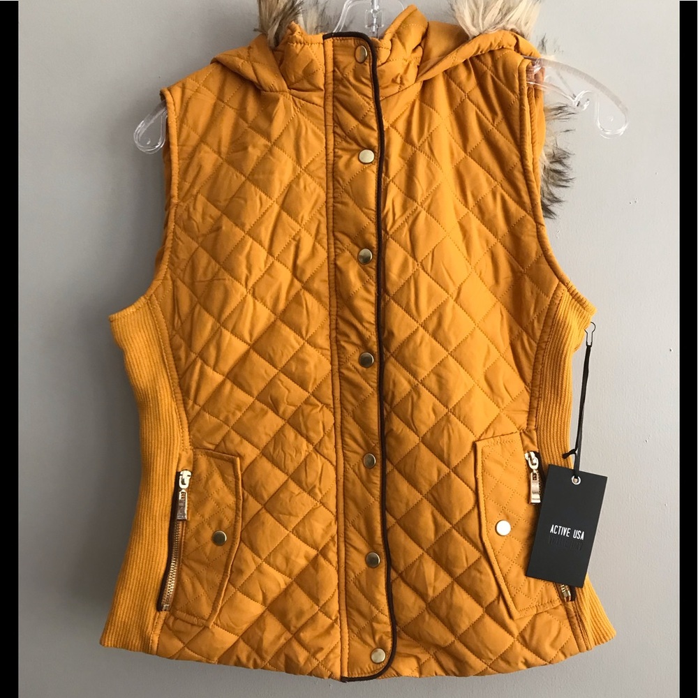 Active USA Mustard Quilted Vest with Faux Fur Trim